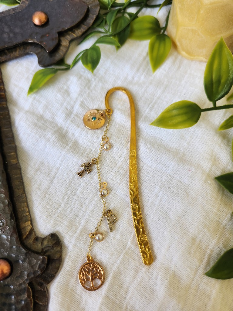 Shepherd hook bookmark with cross and tree of life charms