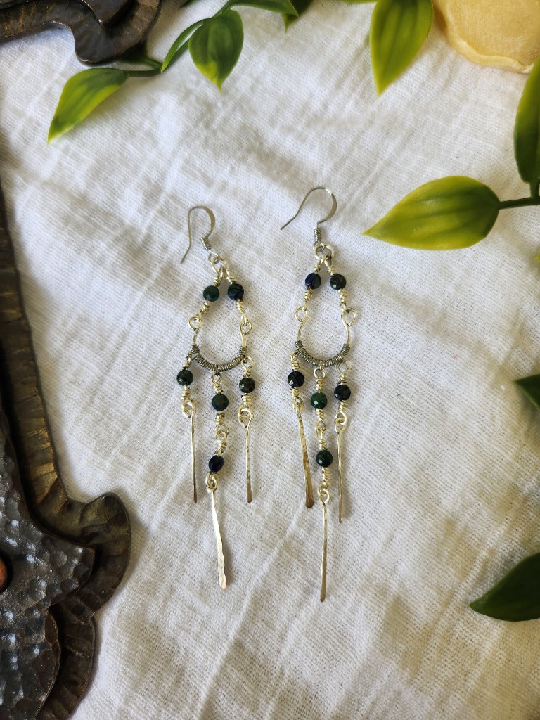 Wire-wrapped chandelier earrings with green and navy beads